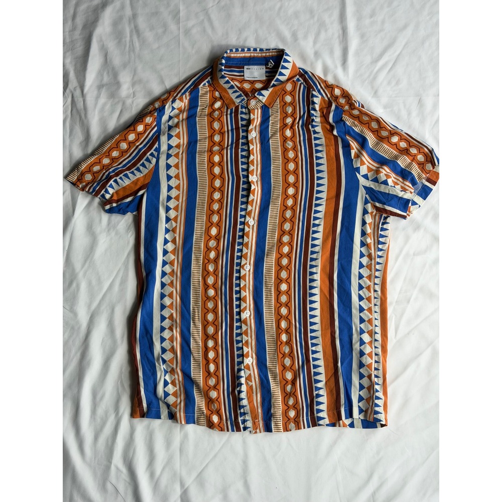 ASOS Design Mens Short Sleeve Button Down Geometric Tribal Print Shirt Blue M